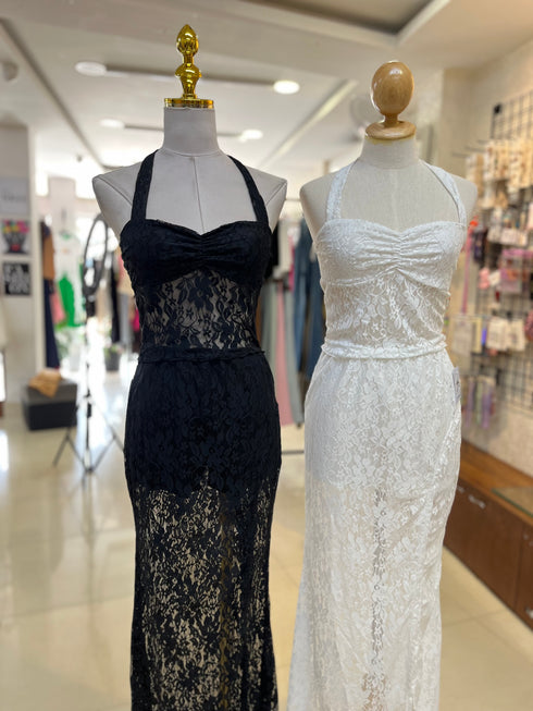 Women Halter Neck Lacey Top With Side Slit Skort